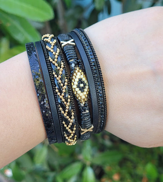 Black Boho Layered Wrap Bracelet Evil Eye Beaded Rhinestone Magnetic Clasp Cuff