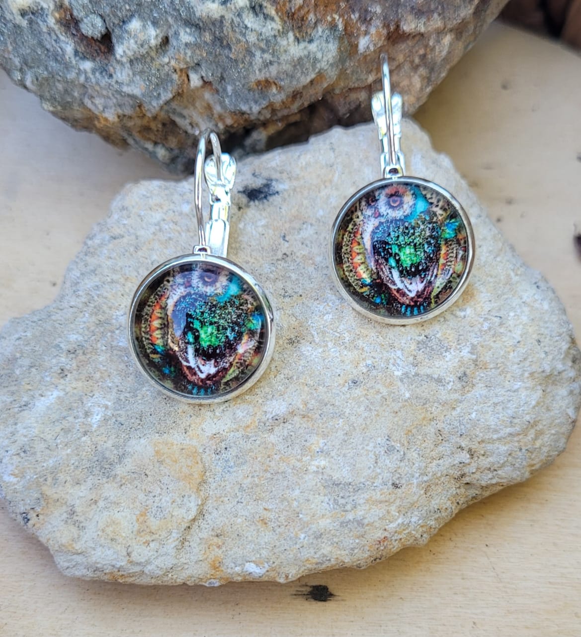 Peacock Feather Eye Glass Cabochon Earrings Silver Tone Boho Artistic Dangle Earrings