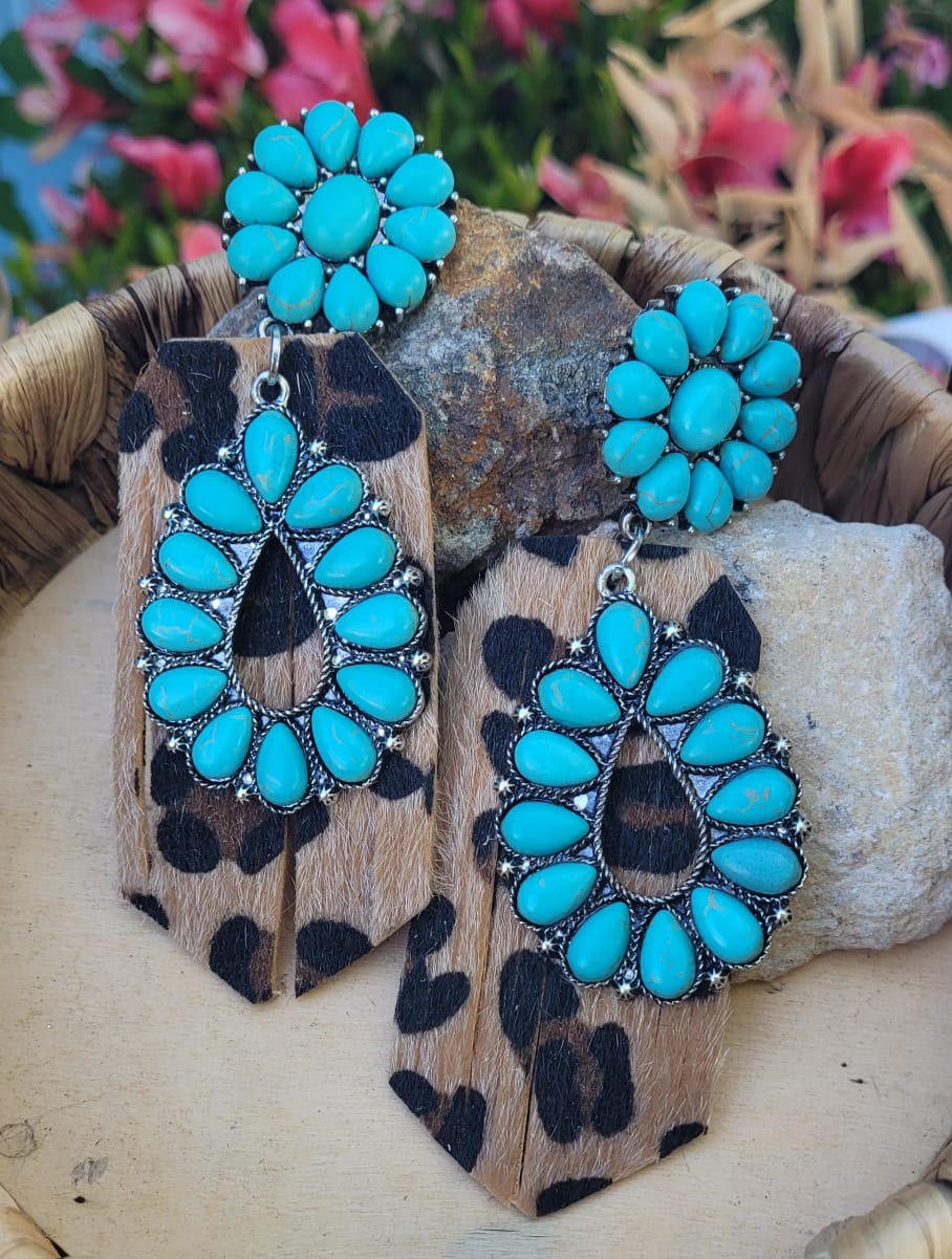 Western Turquoise Leopard Cowhide Earrings Boho Statement Dangle Earrings Boutique Style