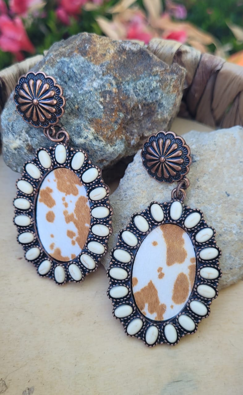Western Cowhide Earrings Copper Concho Boho Boutique Statement Dangle Earrings