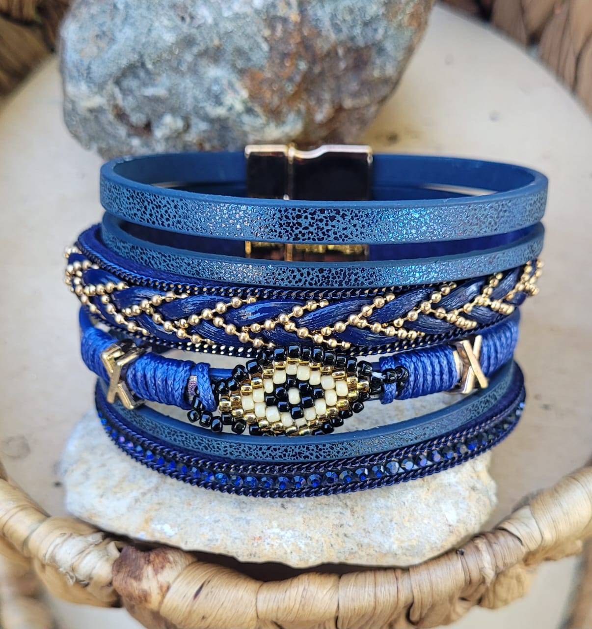 Navy Blue Boho Evil Eye Wrap Bracelet Layered Rhinestone Magnetic Clasp Cuff