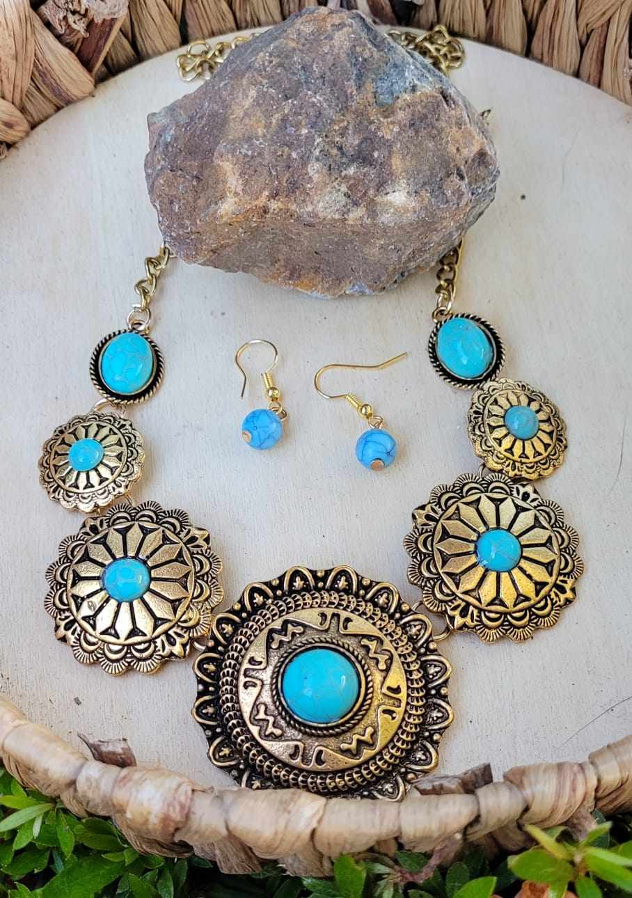 Western Turquoise Jewelry Set Necklace & Earrings Antique Gold Boho Cowgirl Statement Set