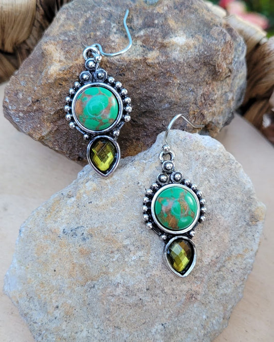 Boho Vintage Turquoise Style Statement Earrings | Silver Tone Green Stone Dangle Earrings