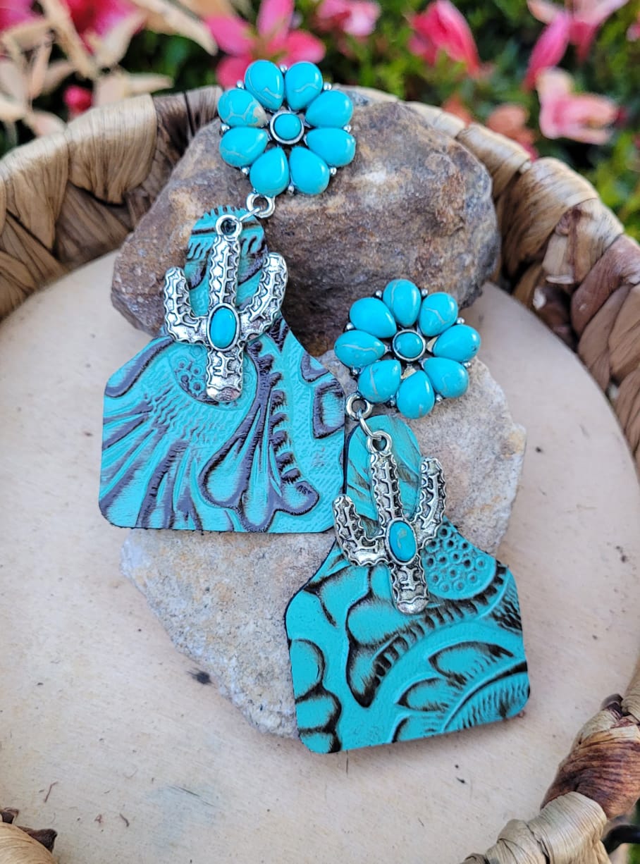 Western Turquoise Cactus Statement Earrings | Boho Cowgirl Dangle Earrings