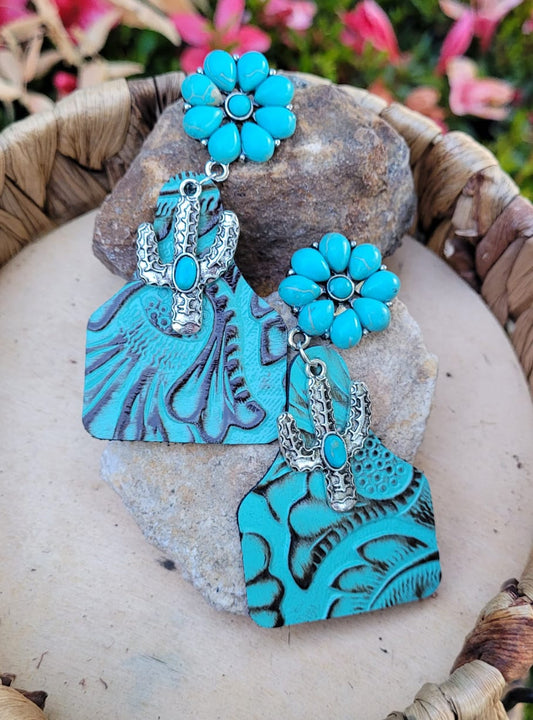 Western Turquoise Cactus Statement Earrings | Boho Cowgirl Dangle Earrings