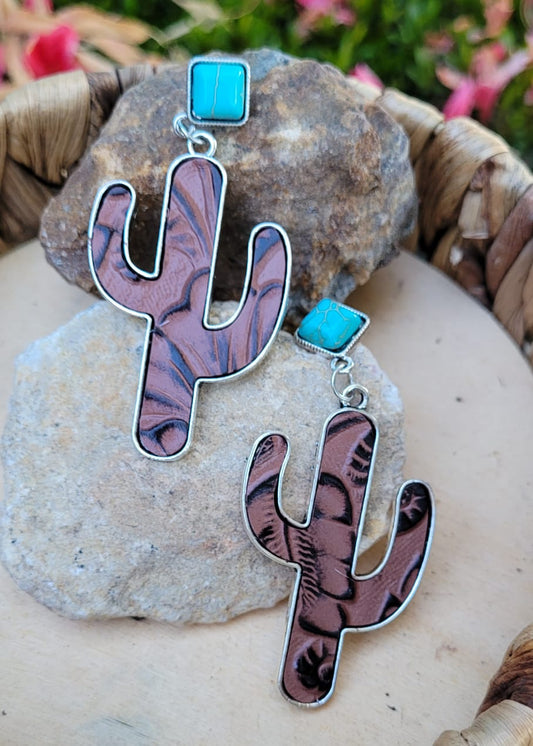 Western Cactus Dangle Earrings | Turquoise Boho Cowgirl Statement Earrings