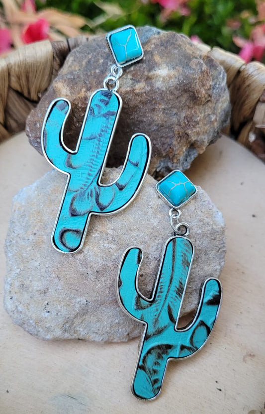 Turquoise Western Cactus Earrings | Boho Cowgirl Statement Dangle Earrings