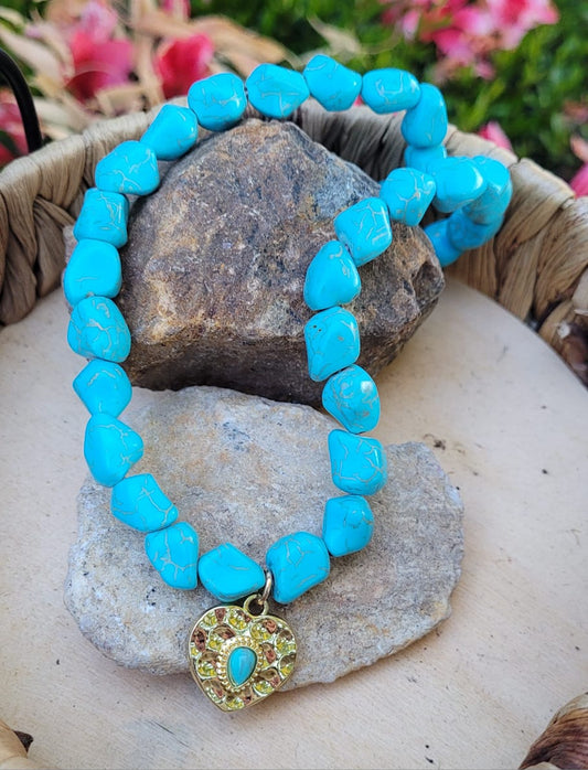Turquoise Stone Style Necklace with Heart Charm ✨ Boho • Western • Boutique Fashion Jewelry
