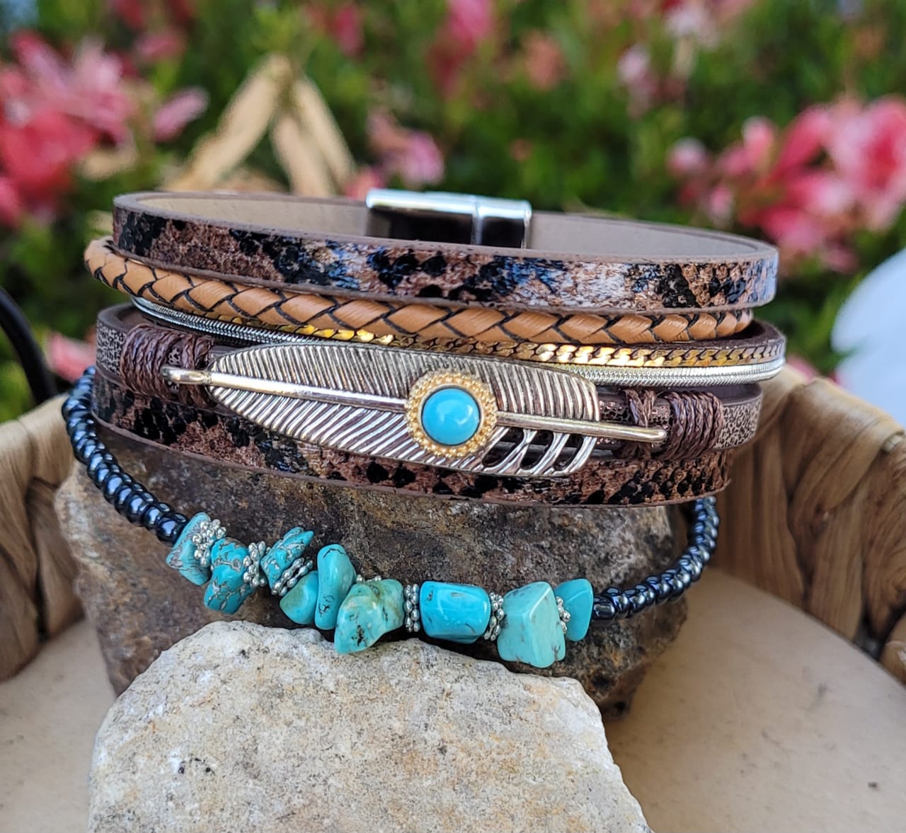Boho Western Multi-Layer Bracelet ✨ Turquoise Accent • Feather Detail • Magnetic Closure