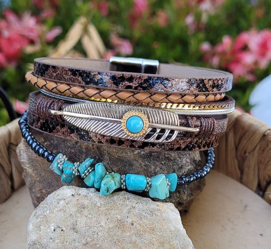 Boho Western Multi-Layer Bracelet ✨ Turquoise Accent • Feather Detail • Magnetic Closure