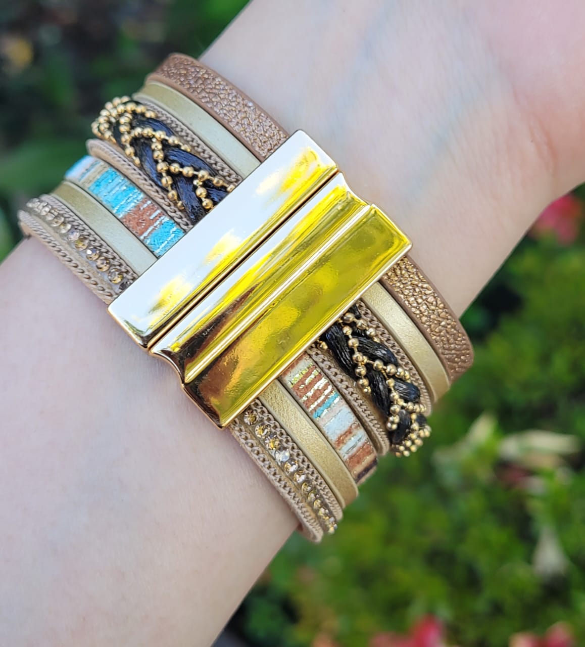 Boho Layered Wrap Bracelet Gold Beige Black Rhinestone Magnetic Clasp Statement Cuff