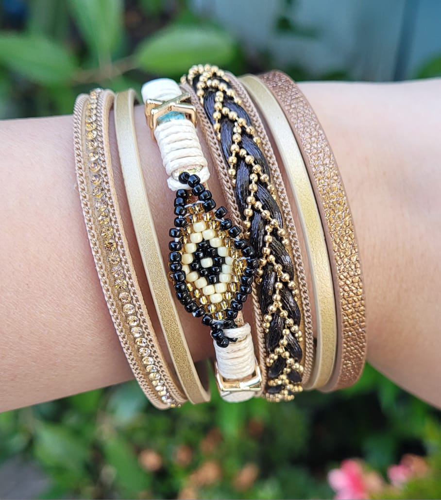Boho Layered Wrap Bracelet Gold Beige Black Rhinestone Magnetic Clasp Statement Cuff