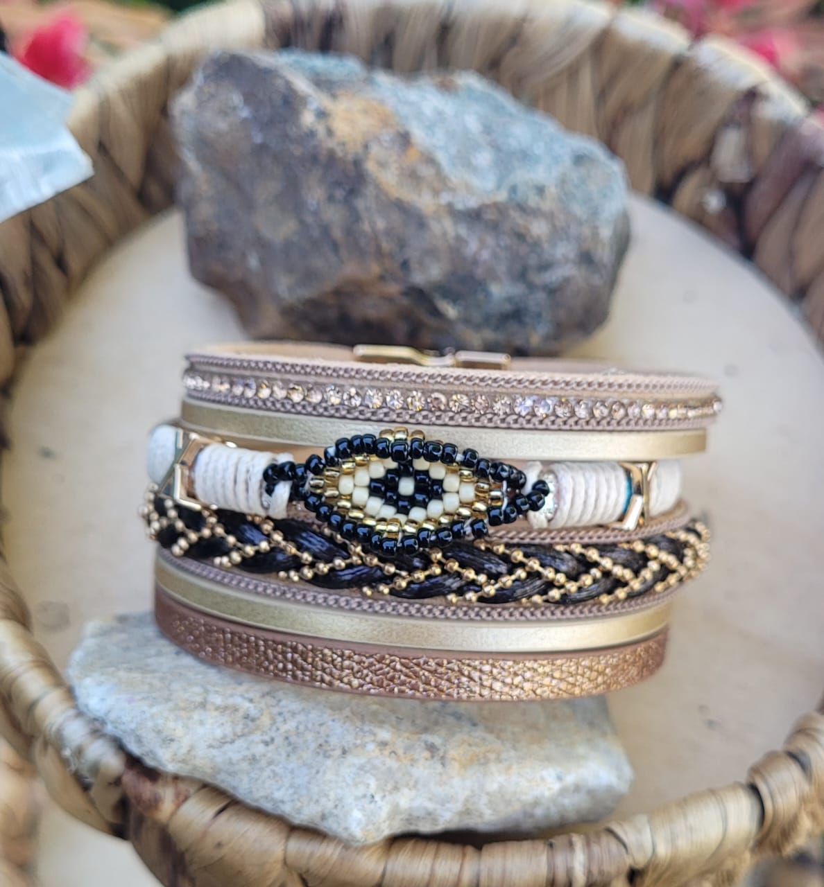 Boho Layered Wrap Bracelet Gold Beige Black Rhinestone Magnetic Clasp Statement Cuff
