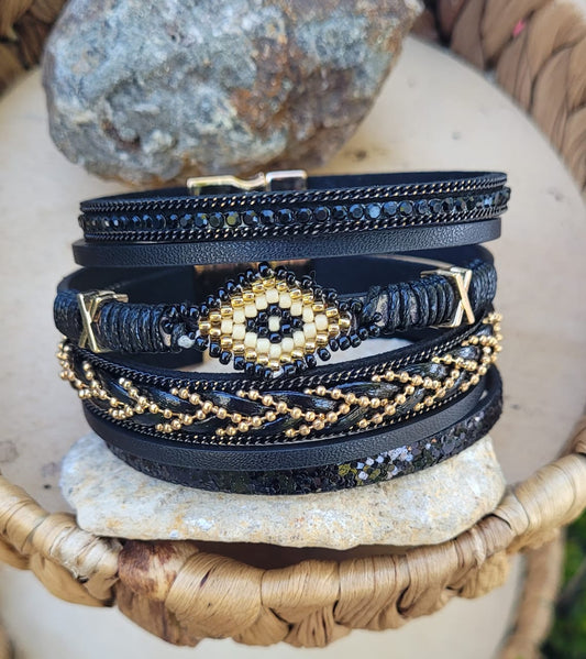 Black Boho Layered Wrap Bracelet Evil Eye Beaded Rhinestone Magnetic Clasp Cuff