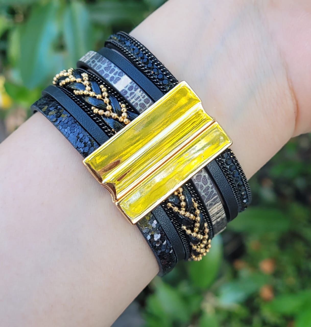 Black Boho Layered Wrap Bracelet Evil Eye Beaded Rhinestone Magnetic Clasp Cuff