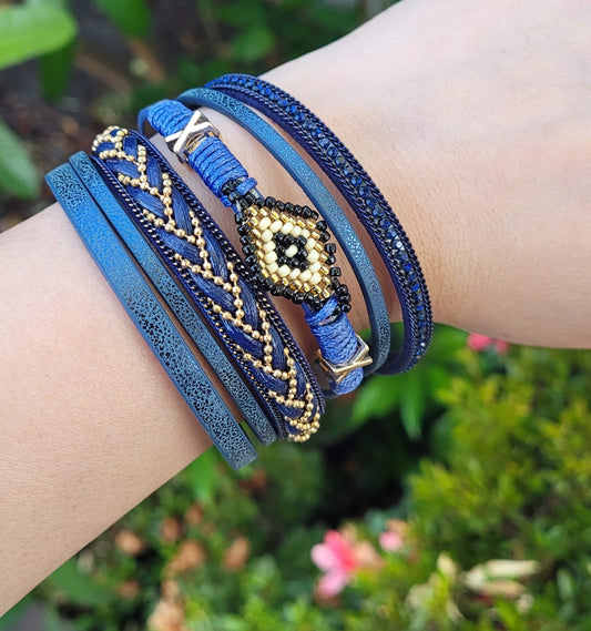 Navy Blue Boho Evil Eye Wrap Bracelet Layered Rhinestone Magnetic Clasp Cuff
