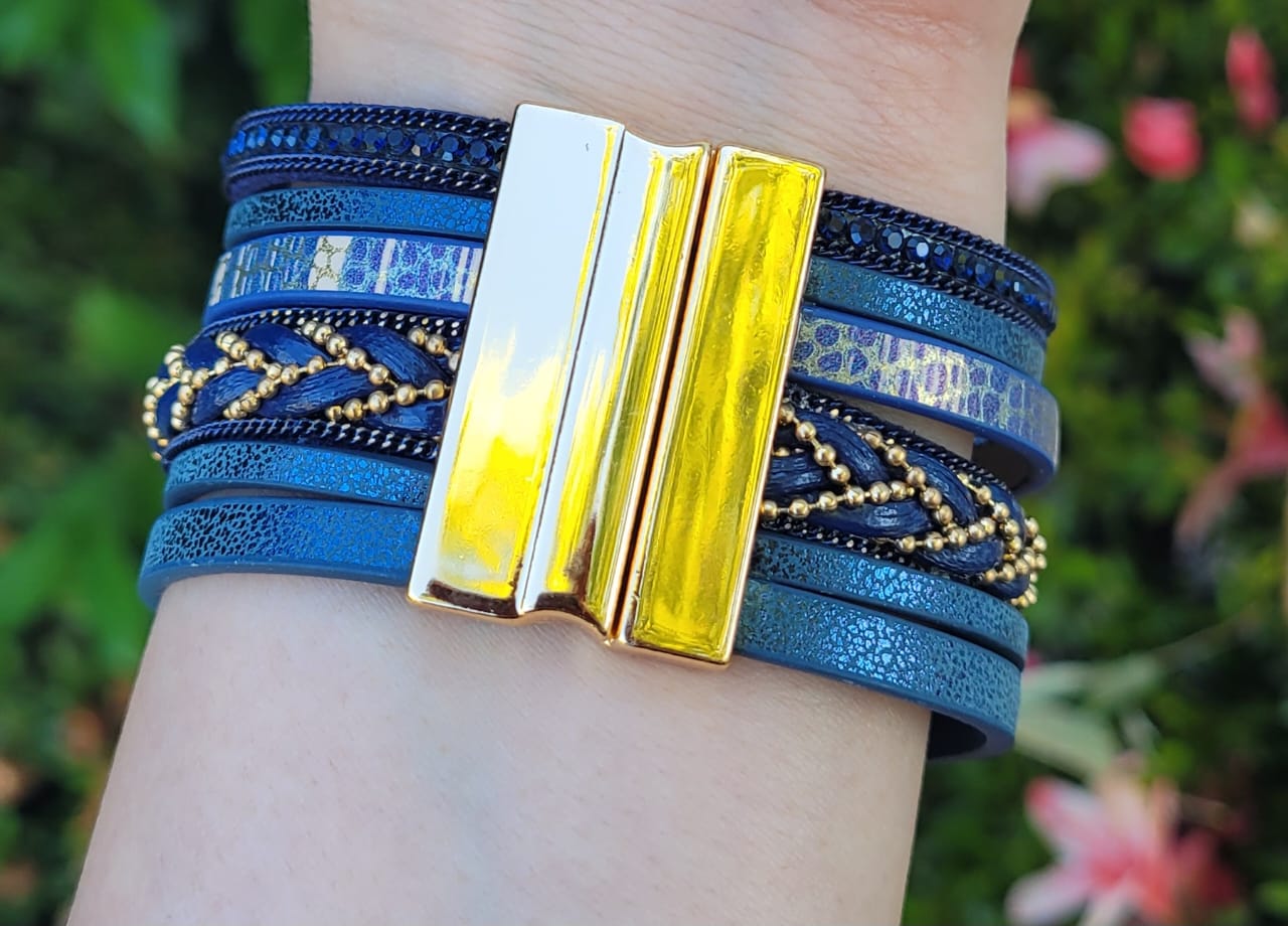 Navy Blue Boho Evil Eye Wrap Bracelet Layered Rhinestone Magnetic Clasp Cuff