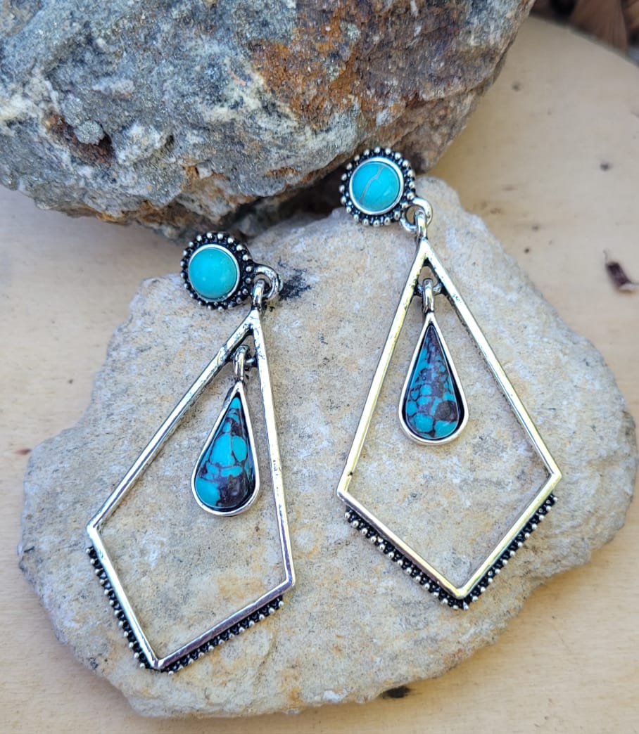 Boho Turquoise Drop Earrings Silver Tone Geometric Western Dangle Statement Jewelry