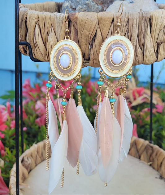 Boho Feather Dangle Earrings Pink White Gold Tone Statement Earrings Lightweight Chic
