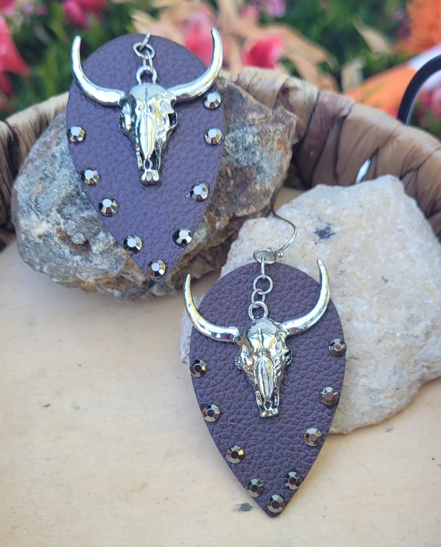 Western Bull Skull Leather Earrings Brown Teardrop Rhinestone Cowgirl Dangle Earrings