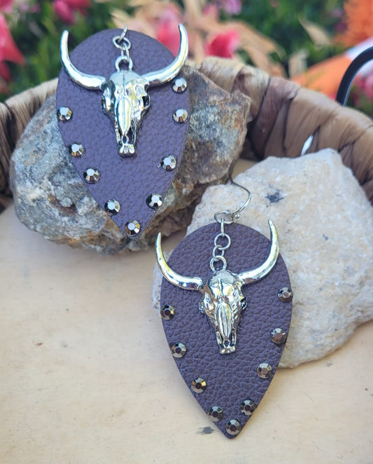Western Bull Skull Leather Earrings Brown Teardrop Rhinestone Cowgirl Dangle Earrings