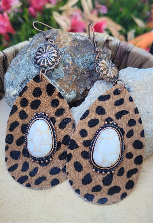 Leopard Teardrop Earrings White Turquoise Stone Western Boho Cowhide Style Earrings