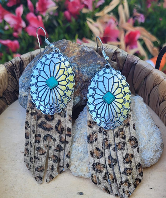 Western Leopard Fringe Earrings Turquoise Concho Cowhide Style Boho Dangle Earrings