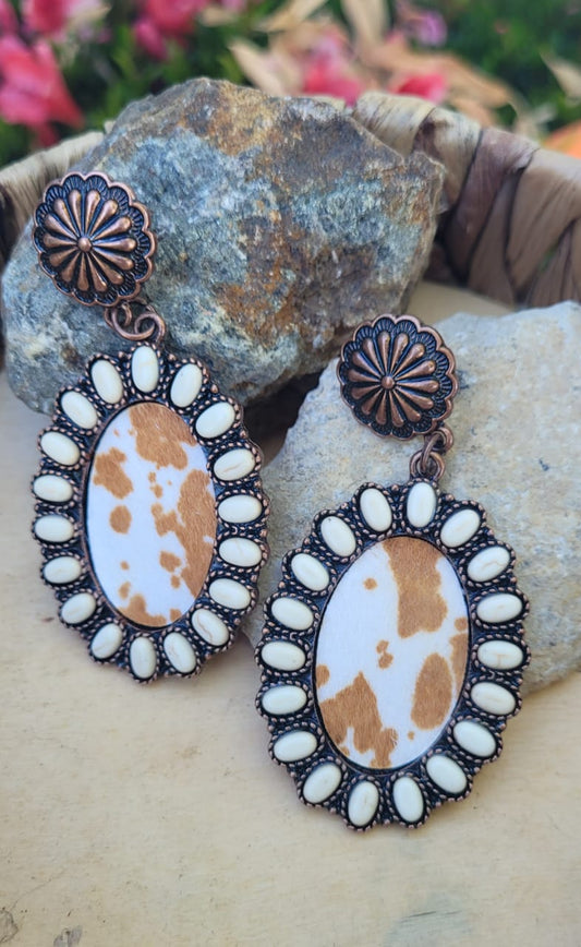 Western Cowhide Earrings Copper Concho Boho Boutique Statement Dangle Earrings