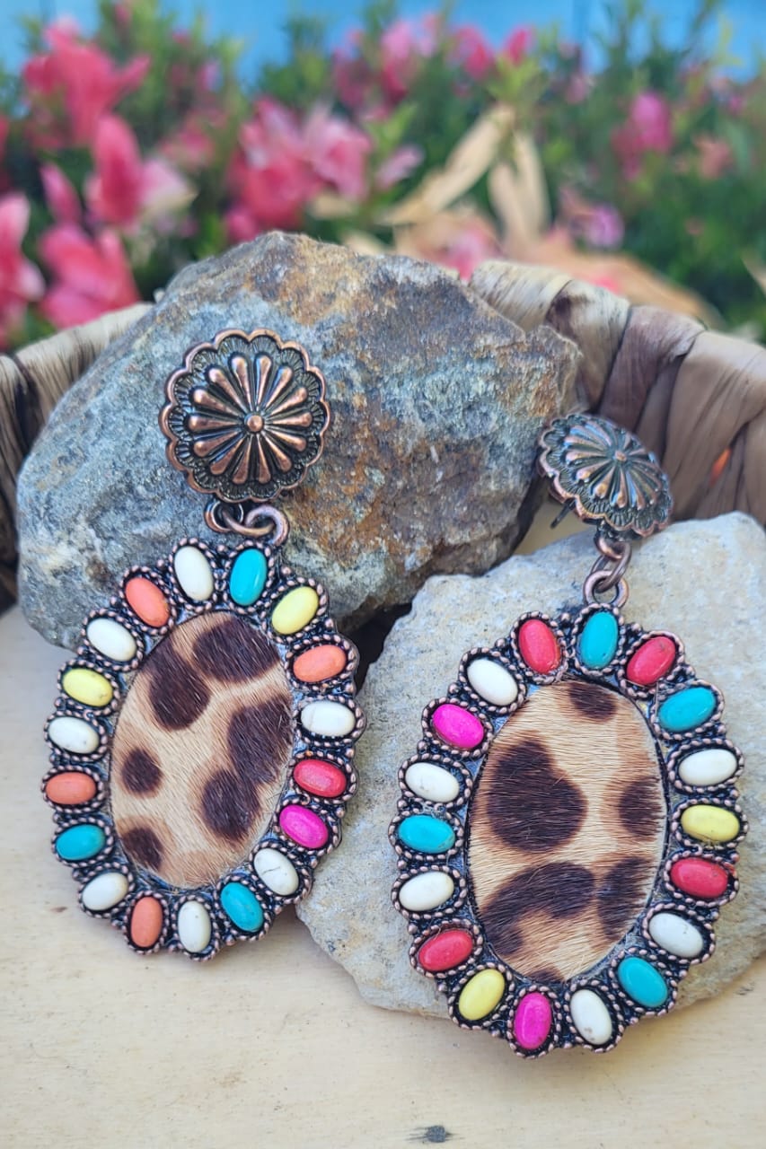 Leopard Print Western Earrings Colorful Stone Cowhide Style Boho Boutique Dangle Earrings