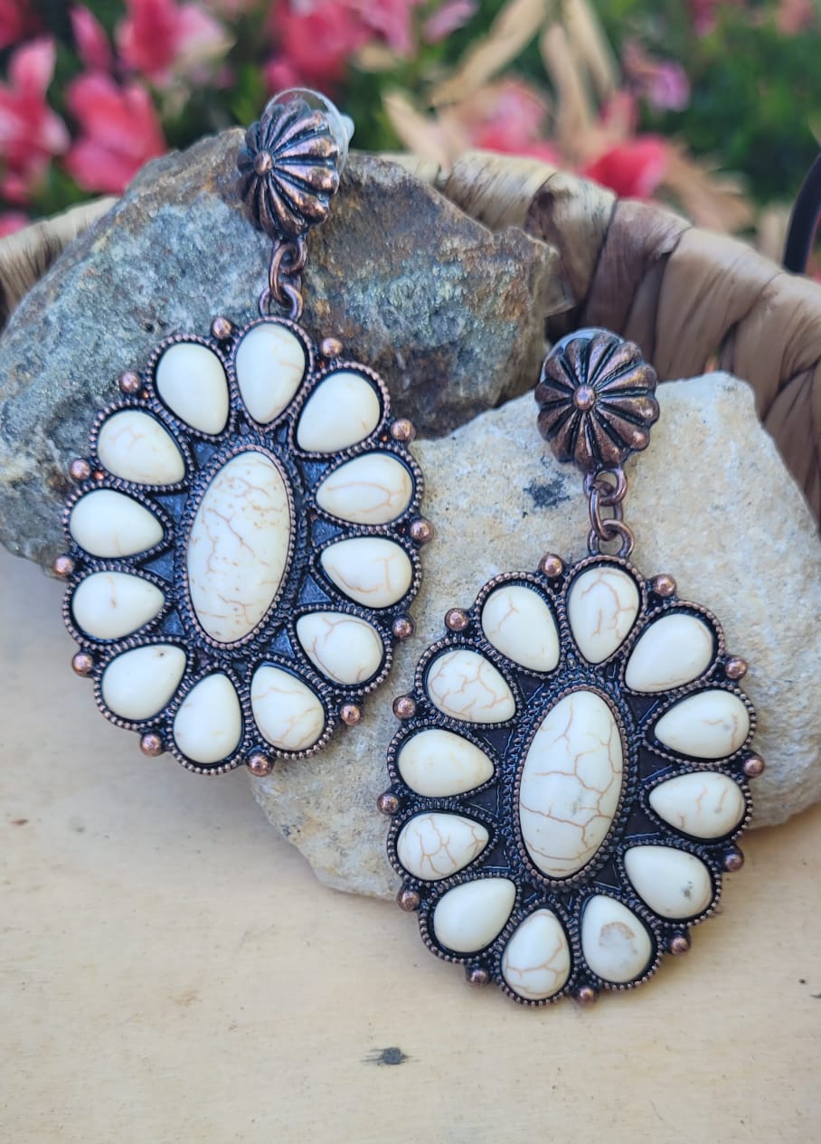 Western Ivory Turquoise Concho Earrings Antique Copper Boho Cowgirl Statement Earrings